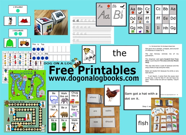 Poster of assorted free printables for use with decodable phonics instruction and students with dyslexia.